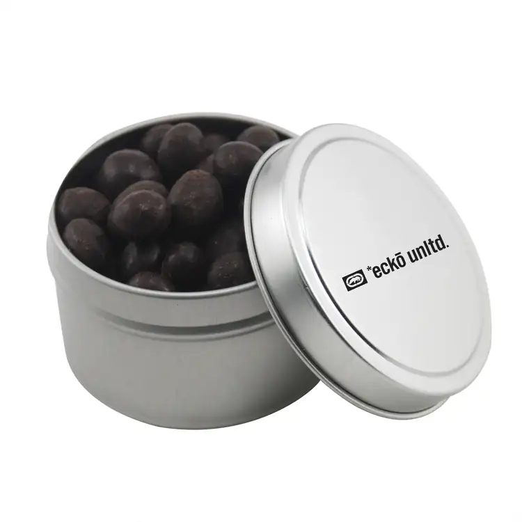 Boîte métallique ronde de grains de café espresso enrobés de chocolat 2-3/4 po