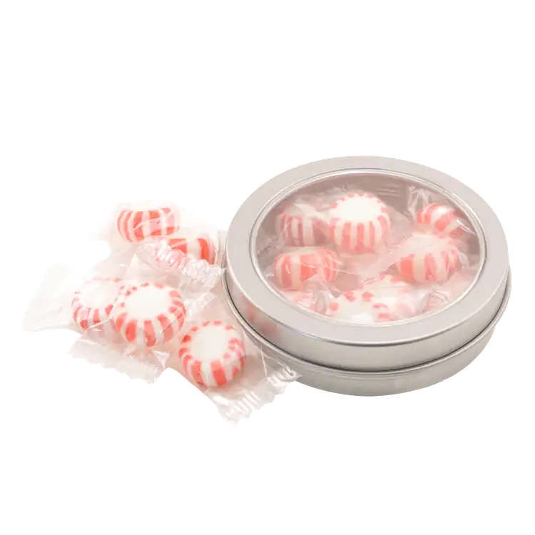 Boîte métallique ronde de menthes Starlight à la menthe poivrée 3-1/4 po