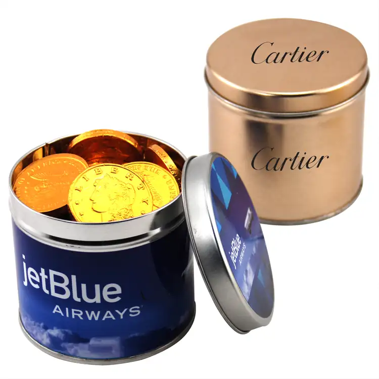 Boîte métallique ronde de pièces de monnaie en chocolat 3-9/16 po