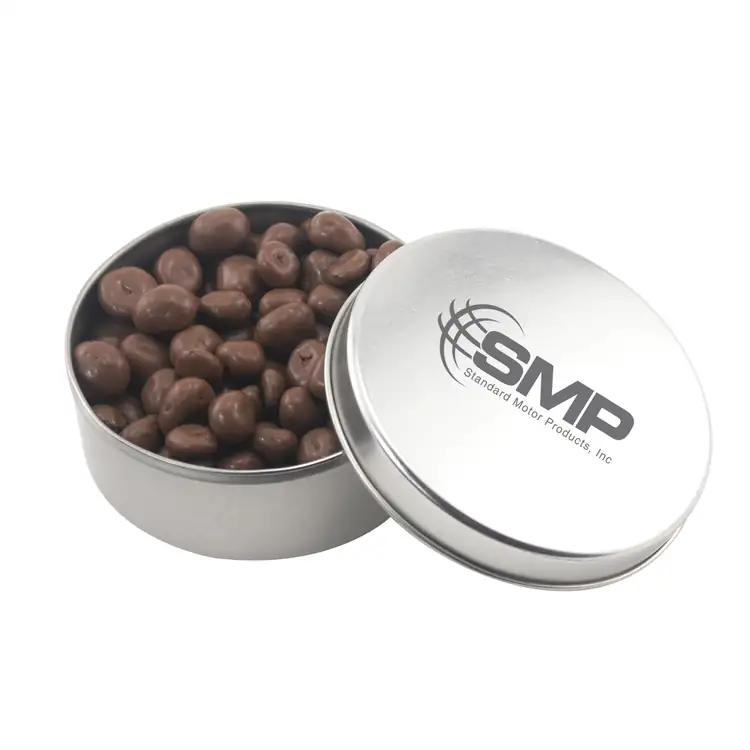 Boîte métallique ronde de raisins enrobés de chocolat 2-15/16 po
