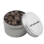 Boîte métallique ronde de raisins enrobés de chocolat 2-3/4 po