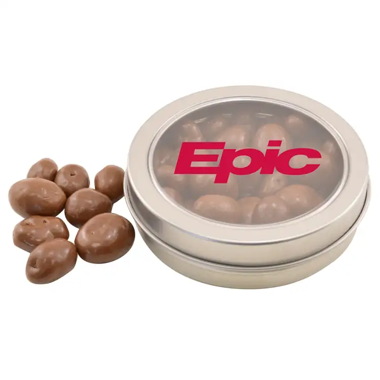 Boîte métallique ronde de raisins enrobés de chocolat 3-1/4 po