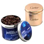 Boîte métallique ronde de raisins enrobés de chocolat 3-9/16 po