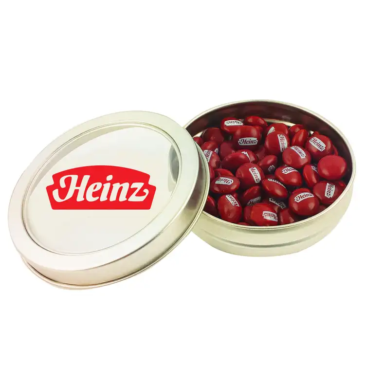 Round Window Tin with Imprinted Chocolate Buttons