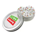 Boîte ronde à fenêtre avec menthes carrées imprimées