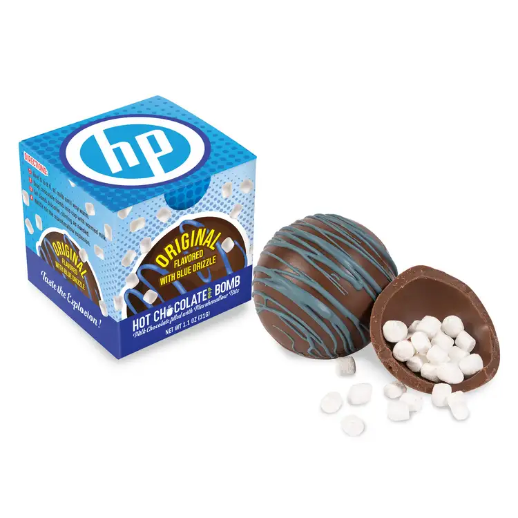 Hot chocolate bomb with blue drizzle