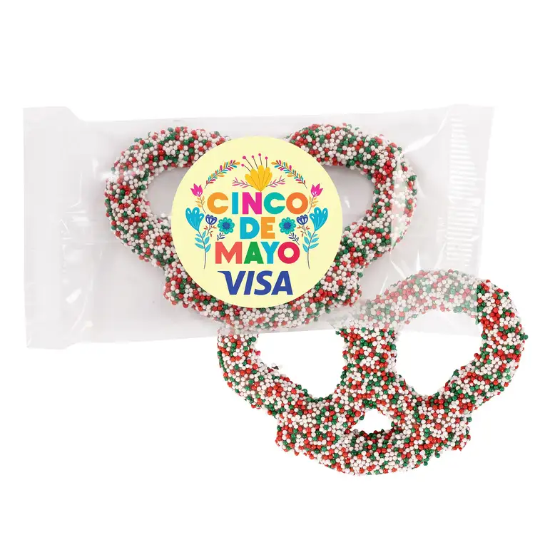 Milk Chocolate Pretzels with Red White and Green Nonpareils