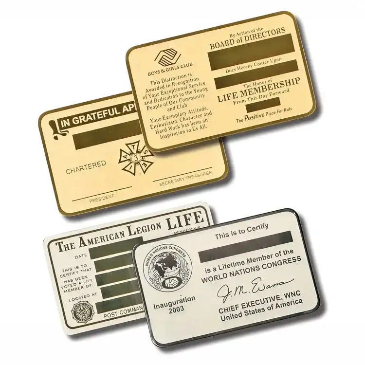 Carte de membre métallique en laiton gravé