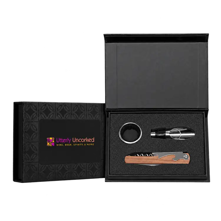 Coffret accessoires à vin Essex en acier inoxydable et acacia