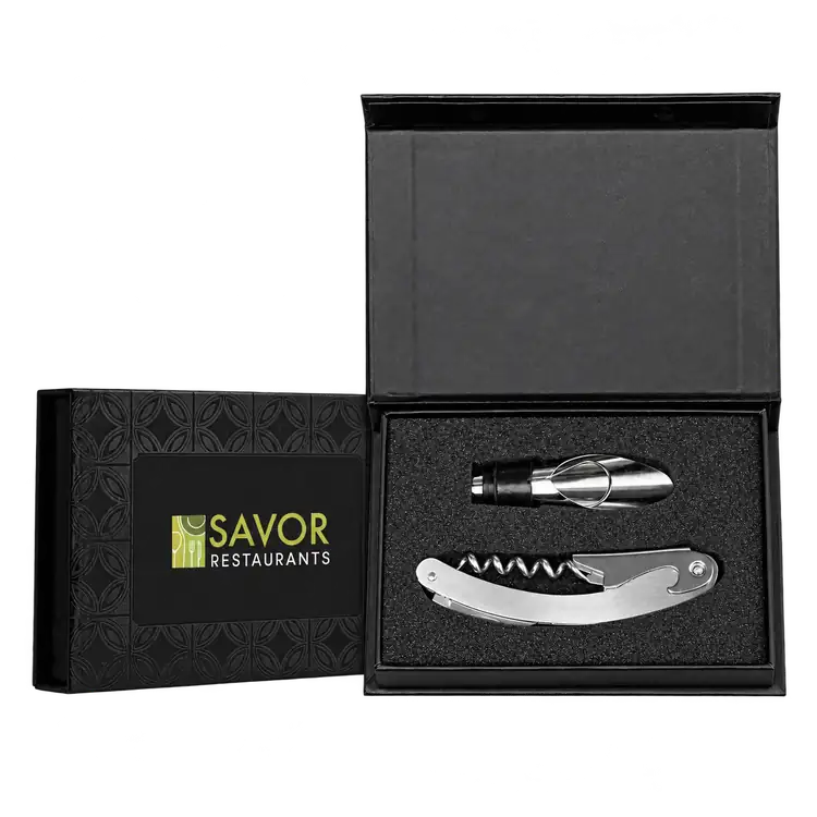 Coffret accessoires à vin Raven en acier inoxydable et silicone