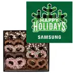 Coffret avec couvercle multicolore de bretzels chocolatés des Fêtes