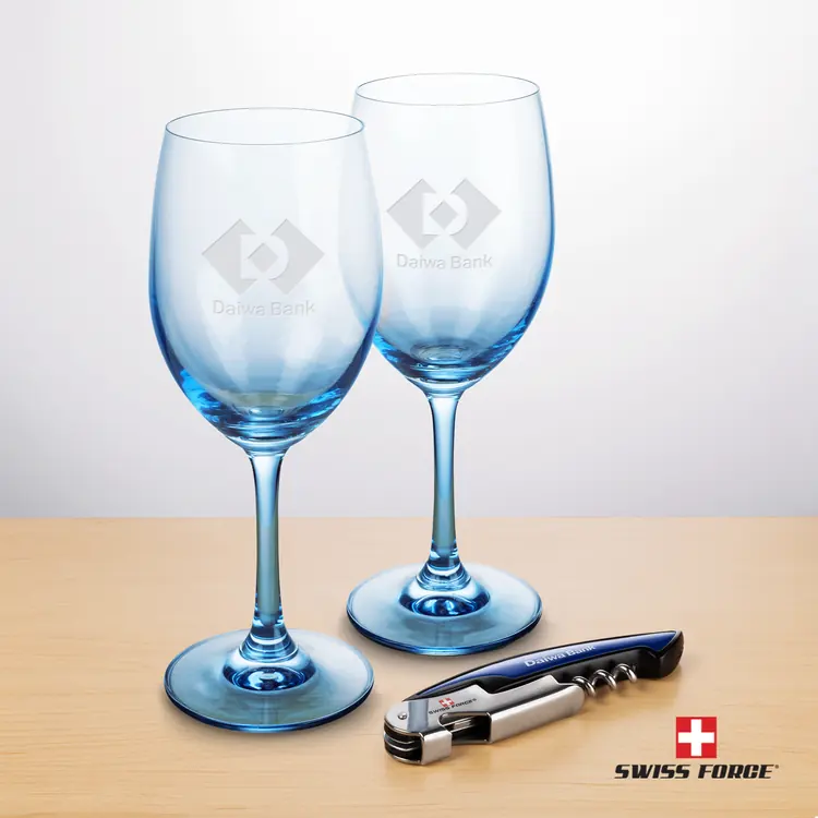 Soudan Wine Glass Set of 2 11 oz Blue with Swiss Force Wine Tool #2