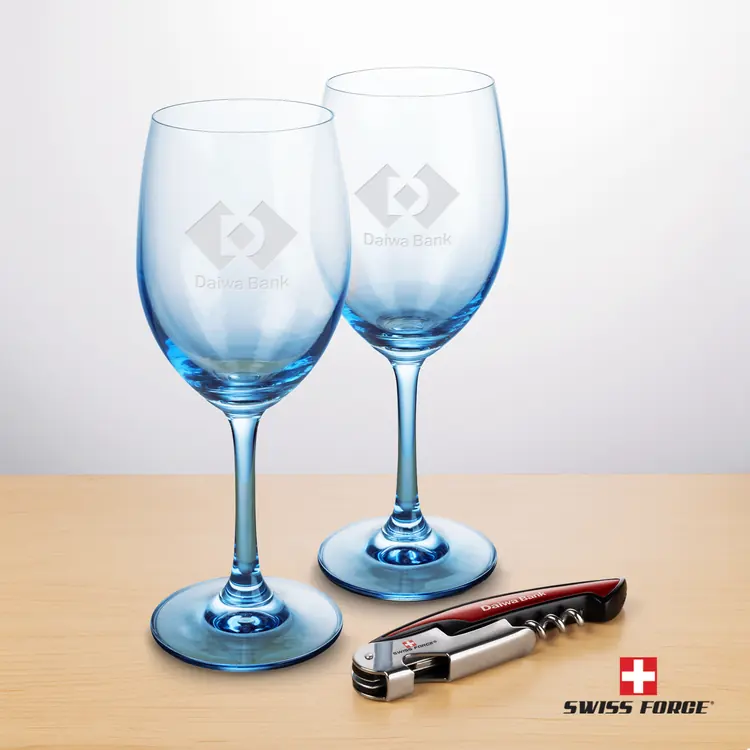 Soudan Wine Glass Set of 2 11 oz Blue with Swiss Force Wine Tool #3