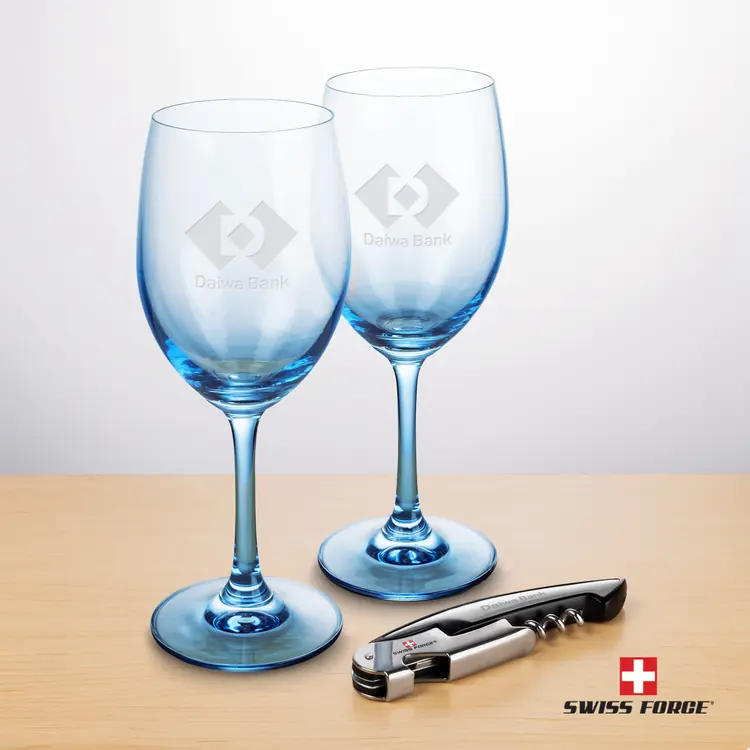 Soudan Wine Glass Set of 2 11 oz Blue with Swiss Force Wine Tool #4