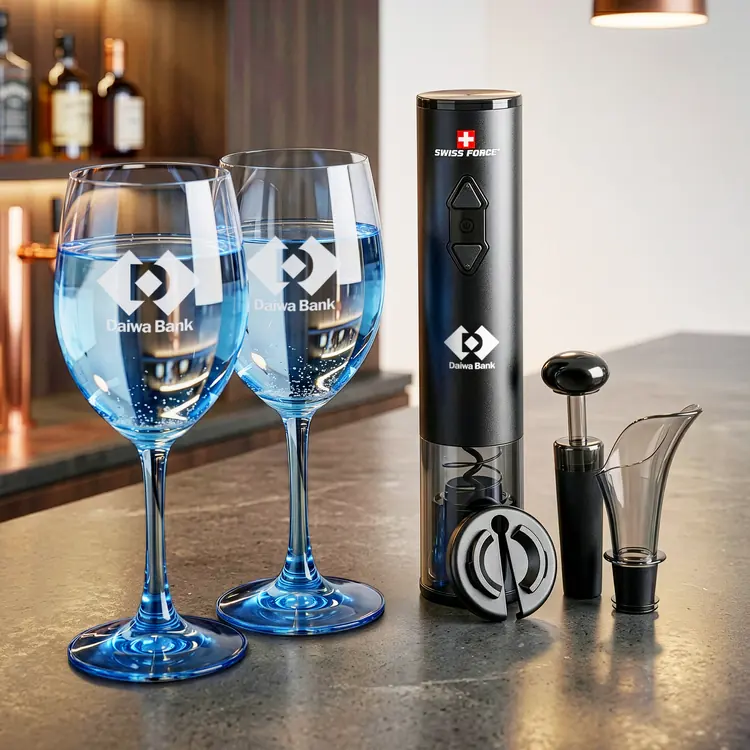 Soudan Wine Glass Set of 2 11 oz Blue with Swiss Force Automatic Opener #3