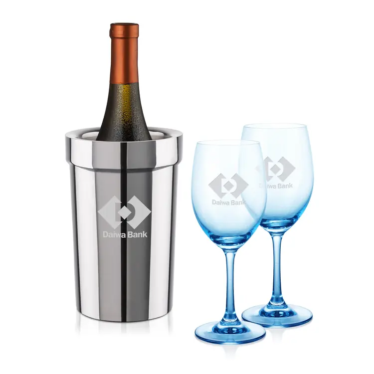 Soudan Wine Glass Set of 2 11 oz Blue with Milano Cooler