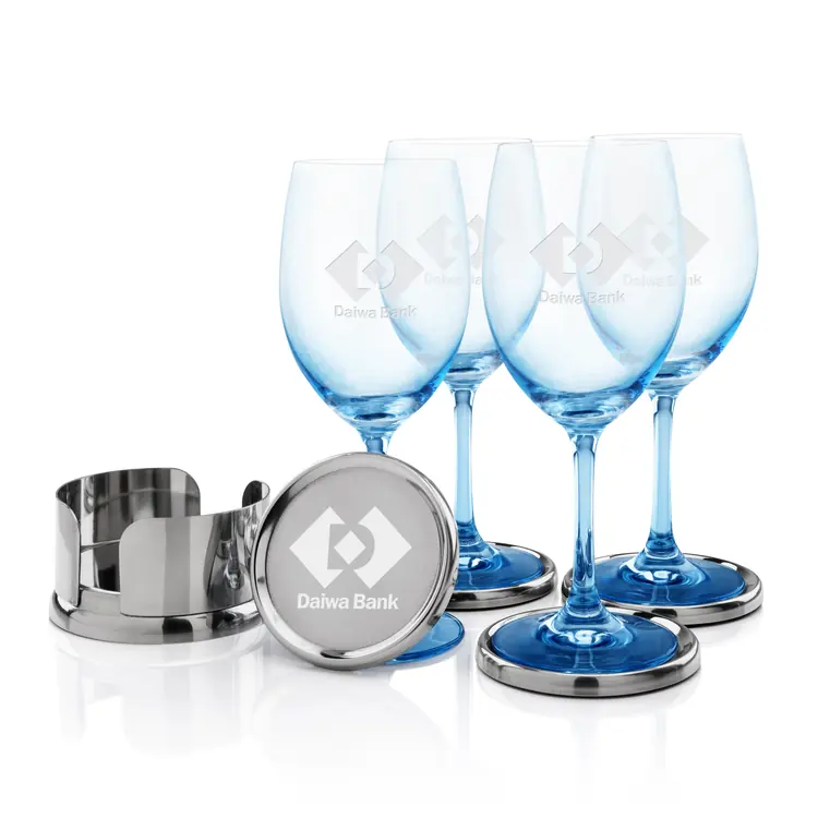 Soudan Wine Glass Set of 4 11 oz Blue with Baldoni Coasters