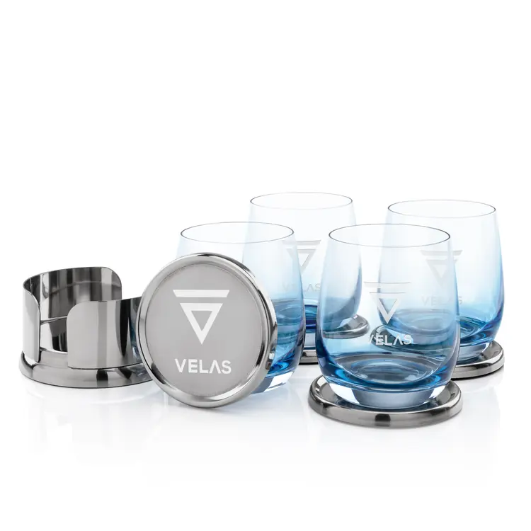 Baldoni Coasters and 4 Soudan Blue glasses Gift Set - Deep Etch