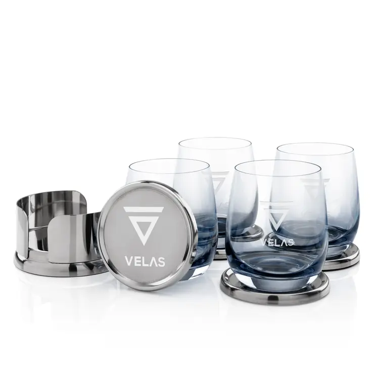 Coffret dessous-de-verre Baldoni et 4 verres Soudan fumé - Gravure