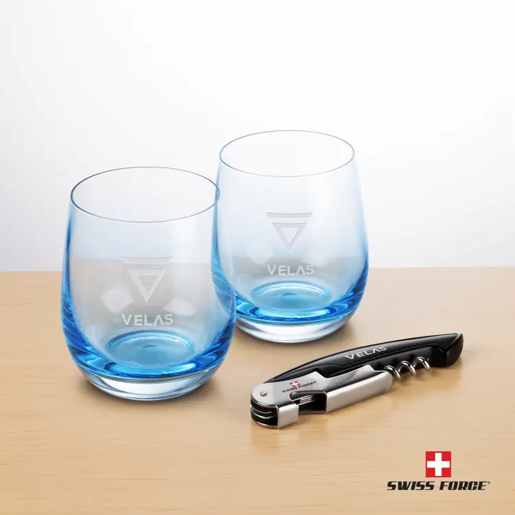 Swiss Force Wine Tool and 2 Soudan Blue glasses Gift Set - Deep Etch