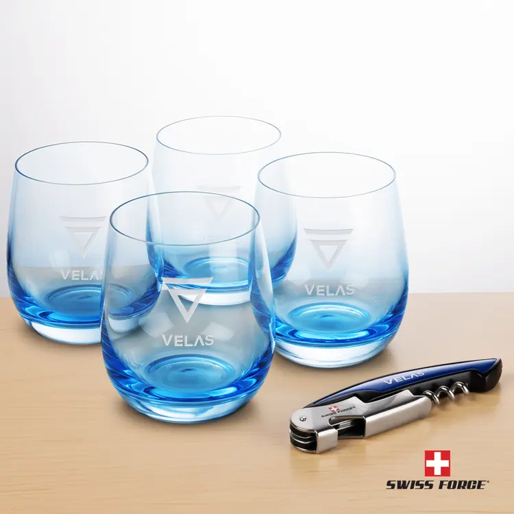 Swiss Force Wine Tool and 4 Soudan Blue glasses Gift Set - Deep Etch #2