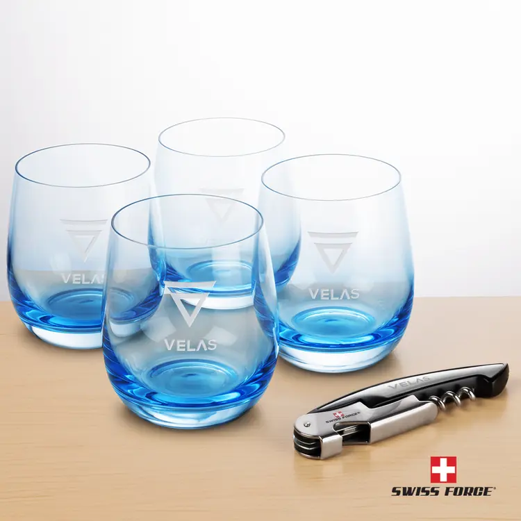 Swiss Force Wine Tool and 4 Soudan Blue glasses Gift Set - Deep Etch #4