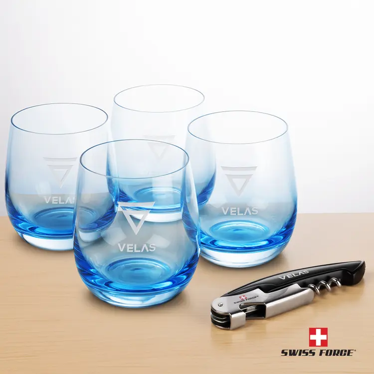 Swiss Force Wine Tool and 4 Soudan Blue glasses Gift Set - Deep Etch