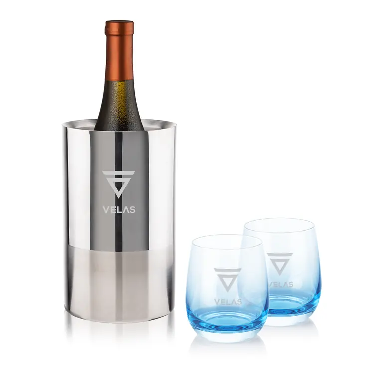 Coffret refroidisseur à vin Catania et 2 verres Soudan bleu - Gravure