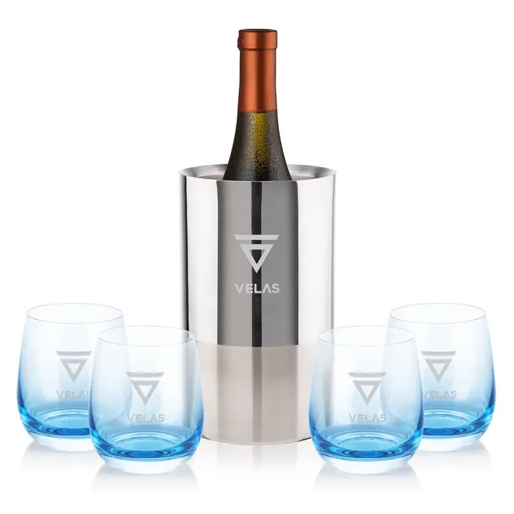 Catania Wine Cooler and 4 Soudan Blue glasses Gift Set - Deep Etch