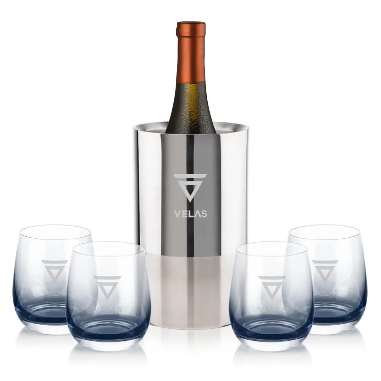 Catania Wine Cooler and 4 Soudan Smoke glasses Gift Set - Deep Etch