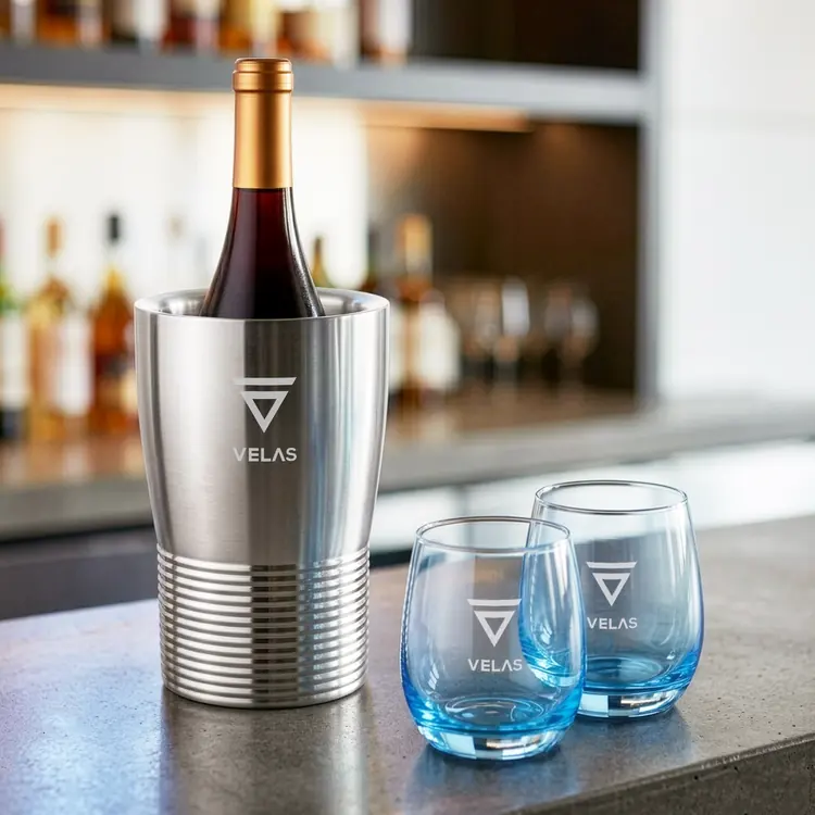 Genoa Wine Cooler and 2 Soudan Blue glasses Gift Set - Deep Etch #3