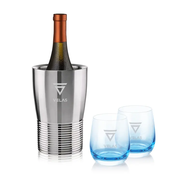 Genoa Wine Cooler and 2 Soudan Blue glasses Gift Set - Deep Etch
