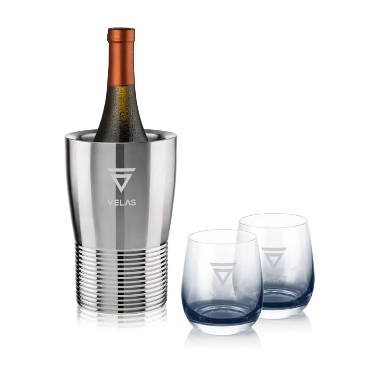Genoa Wine Cooler and 2 Soudan Smoke glasses Gift Set - Deep Etch