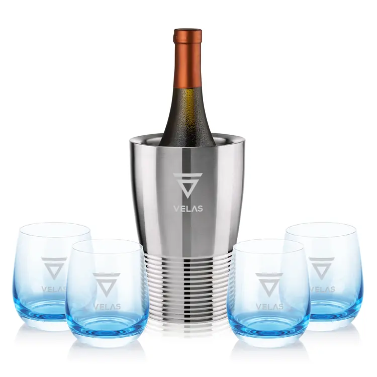 Genoa Wine Cooler and 4 Soudan Blue glasses Gift Set - Deep Etch