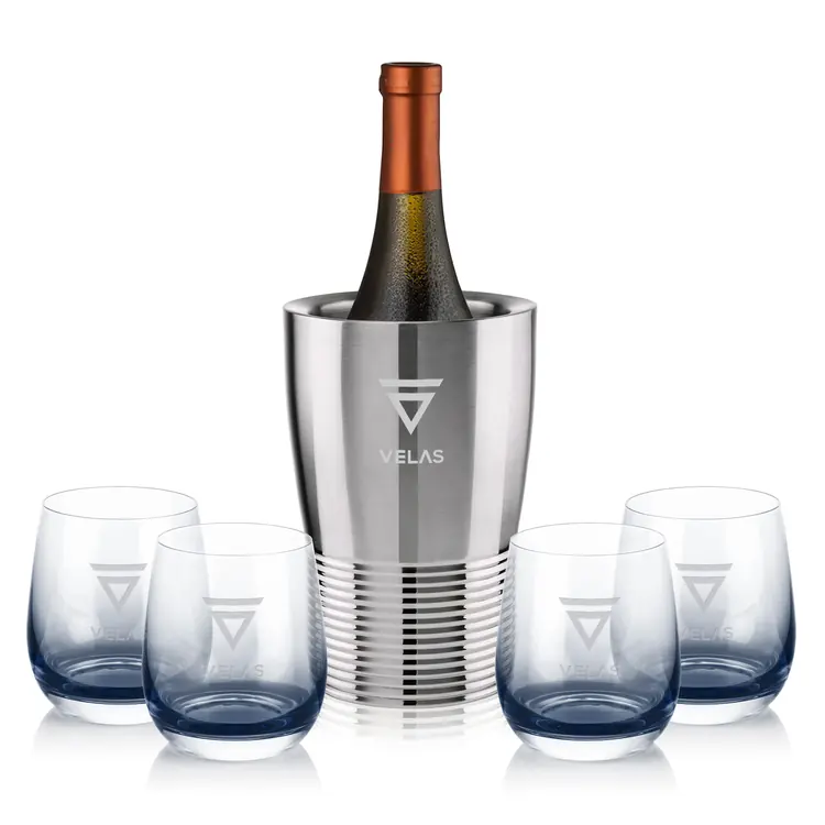 Genoa Wine Cooler and 4 Soudan Smoke glasses Gift Set - Deep Etch