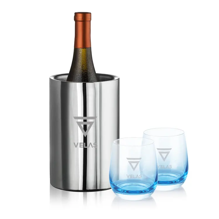 Jacobs Wine Cooler and 2 Soudan Blue glasses Gift Set - Deep Etch