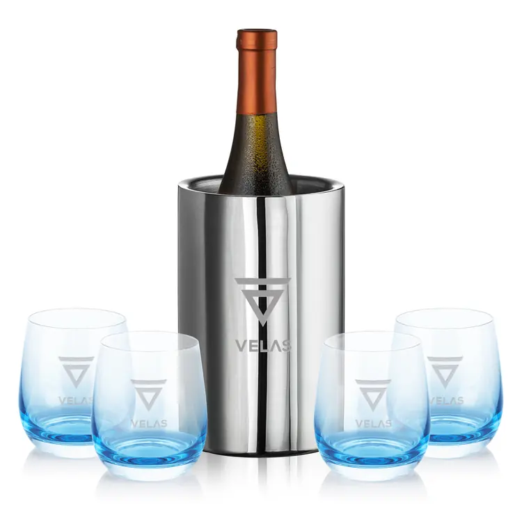 Jacobs Wine Cooler and 4 Soudan Blue glasses Gift Set - Deep Etch