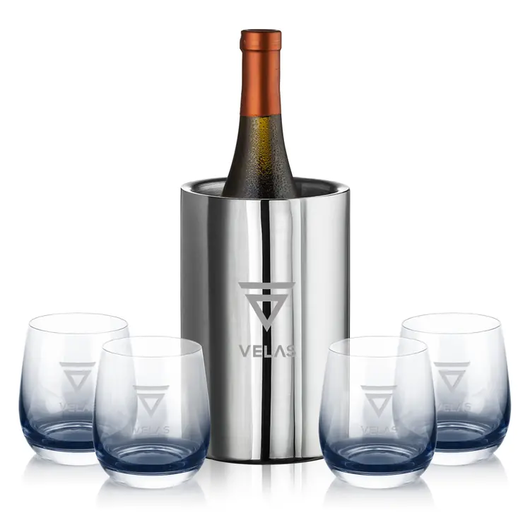 Jacobs Wine Cooler and 4 Soudan Smoke glasses Gift Set - Deep Etch