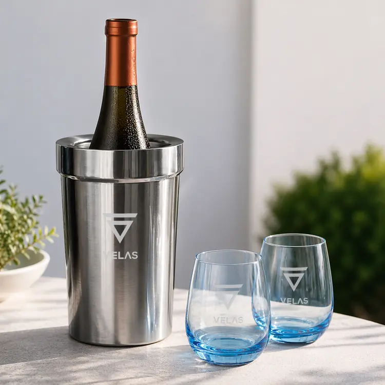 Milano Wine Cooler and 2 Soudan Blue glasses Gift Set - Deep Etch #3