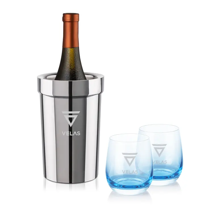 Milano Wine Cooler and 2 Soudan Blue glasses Gift Set - Deep Etch
