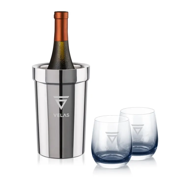 Milano Wine Cooler and 2 Soudan Smoke glasses Gift Set - Deep Etch