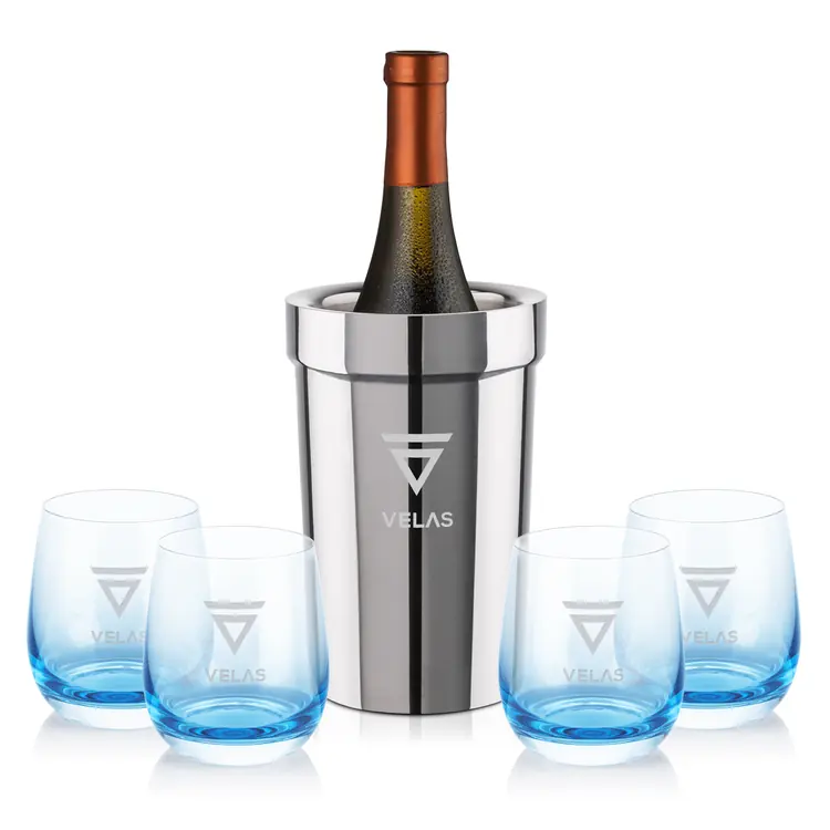 Milano Wine Cooler and 4 Soudan Blue glasses Gift Set - Deep Etch