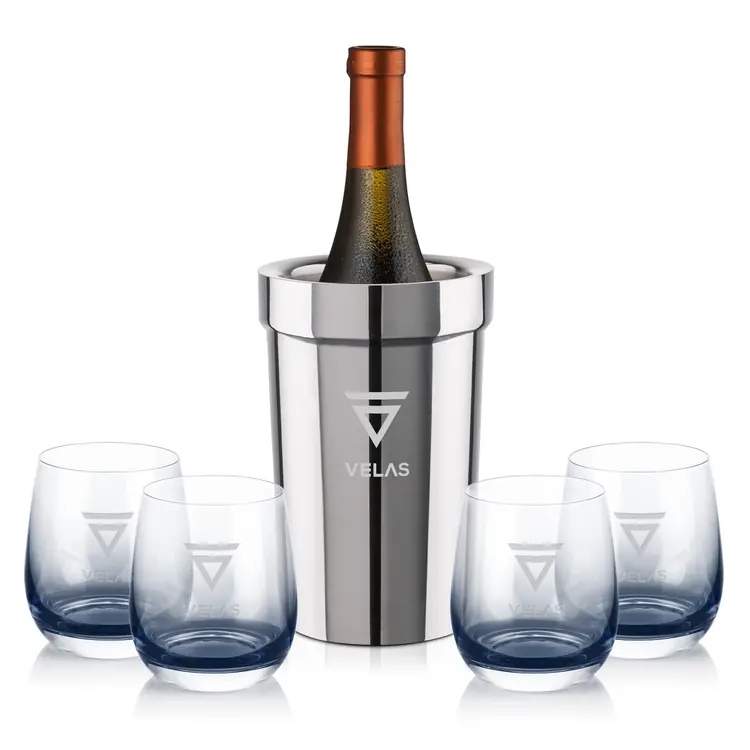 Milano Wine Cooler and 4 Soudan Smoke glasses Gift Set - Deep Etch