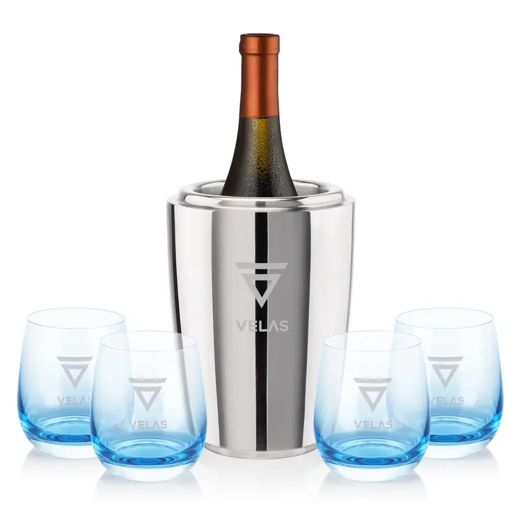 Pescara Wine Cooler and 4 Soudan Blue glasses Gift Set - Deep Etch