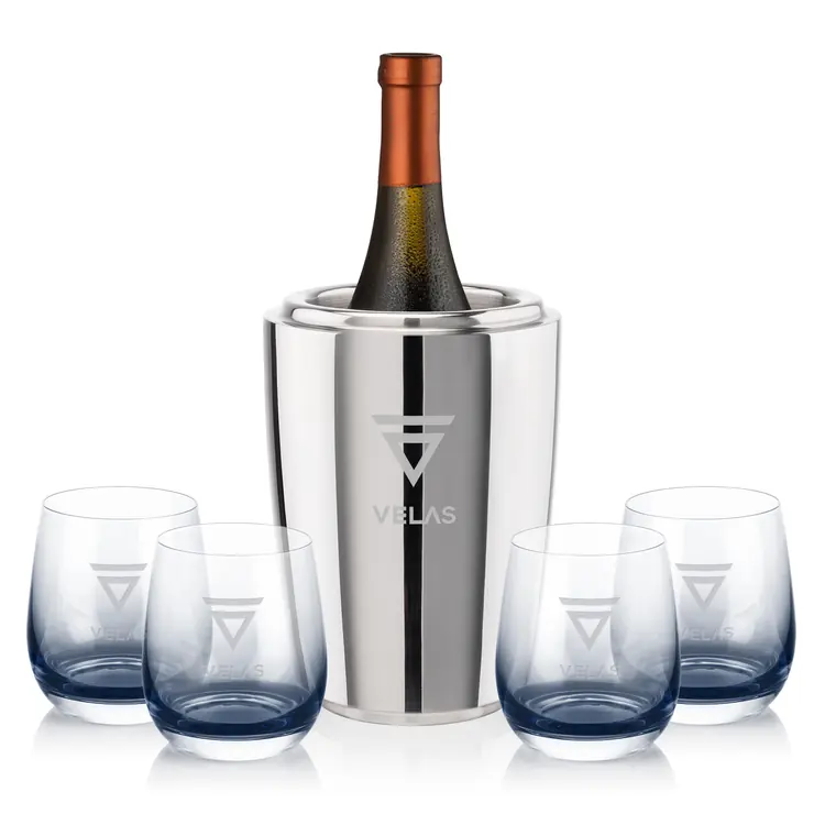 Pescara Wine Cooler and 4 Soudan Smoke glasses Gift Set - Deep Etch