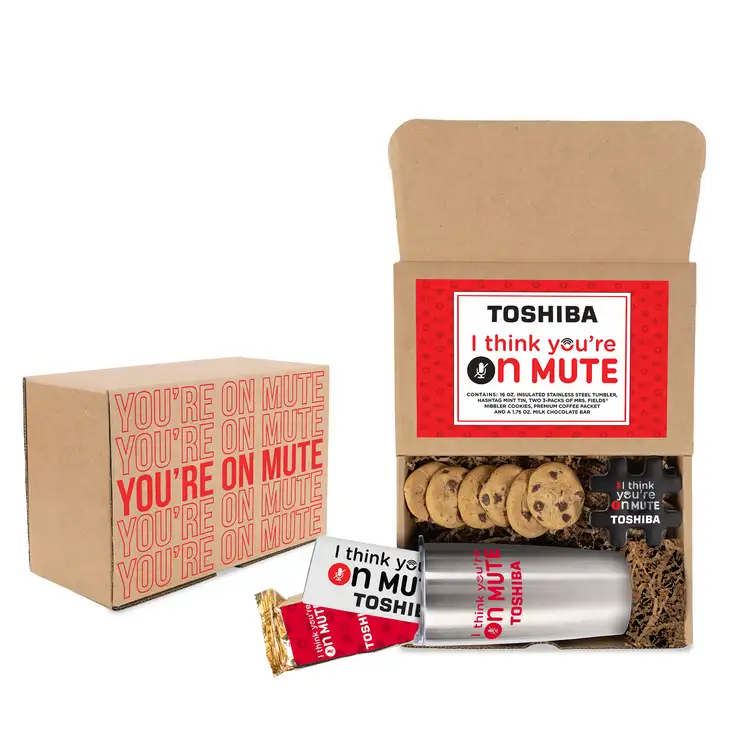 Virtual meeting kit with tumbler and snacks