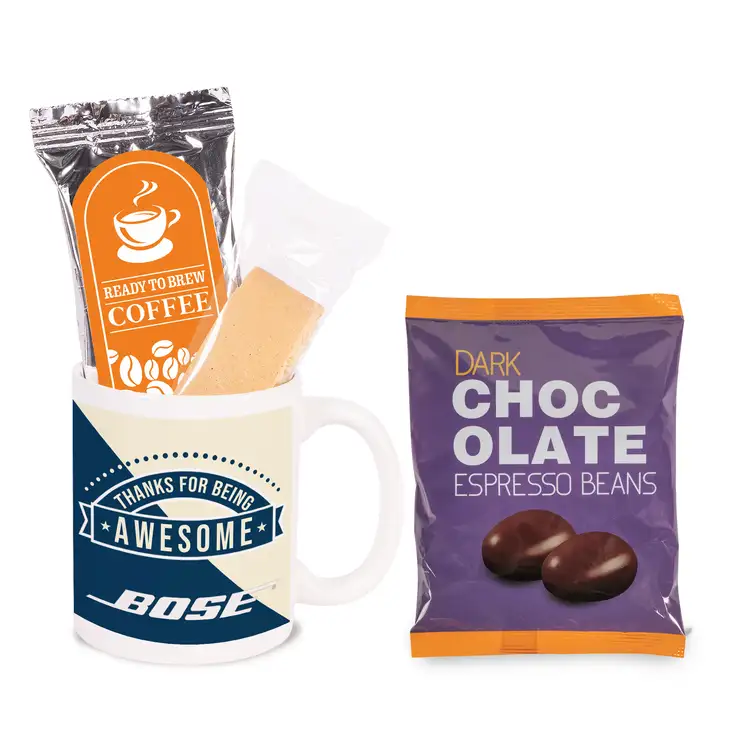 Coffret tasse, biscotti, café et fèves d'expresso