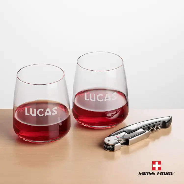 Ensemble Dunhill avec verres à vin sans pied 12.25 oz et outil à vin de Swiss Force #5