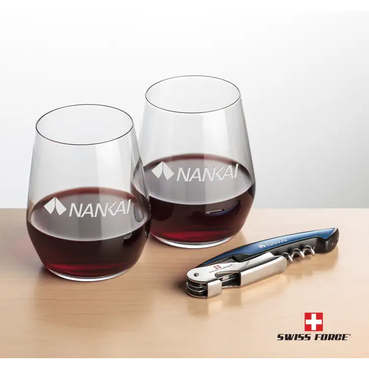 Ensemble Germain avec verres à vin sans pied 12.5 oz et outil à vin de Swiss Force #3