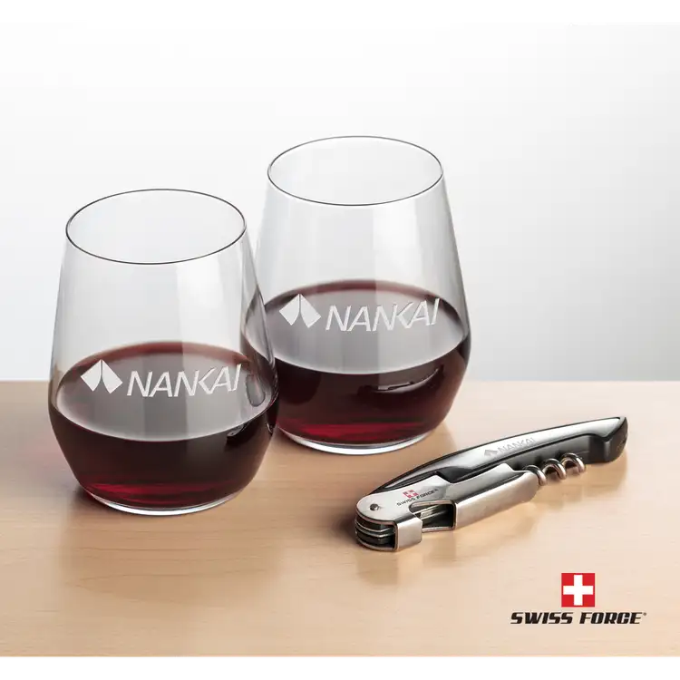 Ensemble Germain avec verres à vin sans pied 12.5 oz et outil à vin de Swiss Force #5
